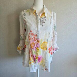 Magazine Floral Lace Blouse Button Roll Tab Long Roll Tab Sleeves Cotton Size S